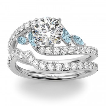 Swirl Design Diamond & Marquise Aquamarine Bridal Ring Set in Palladium (0.96ct)